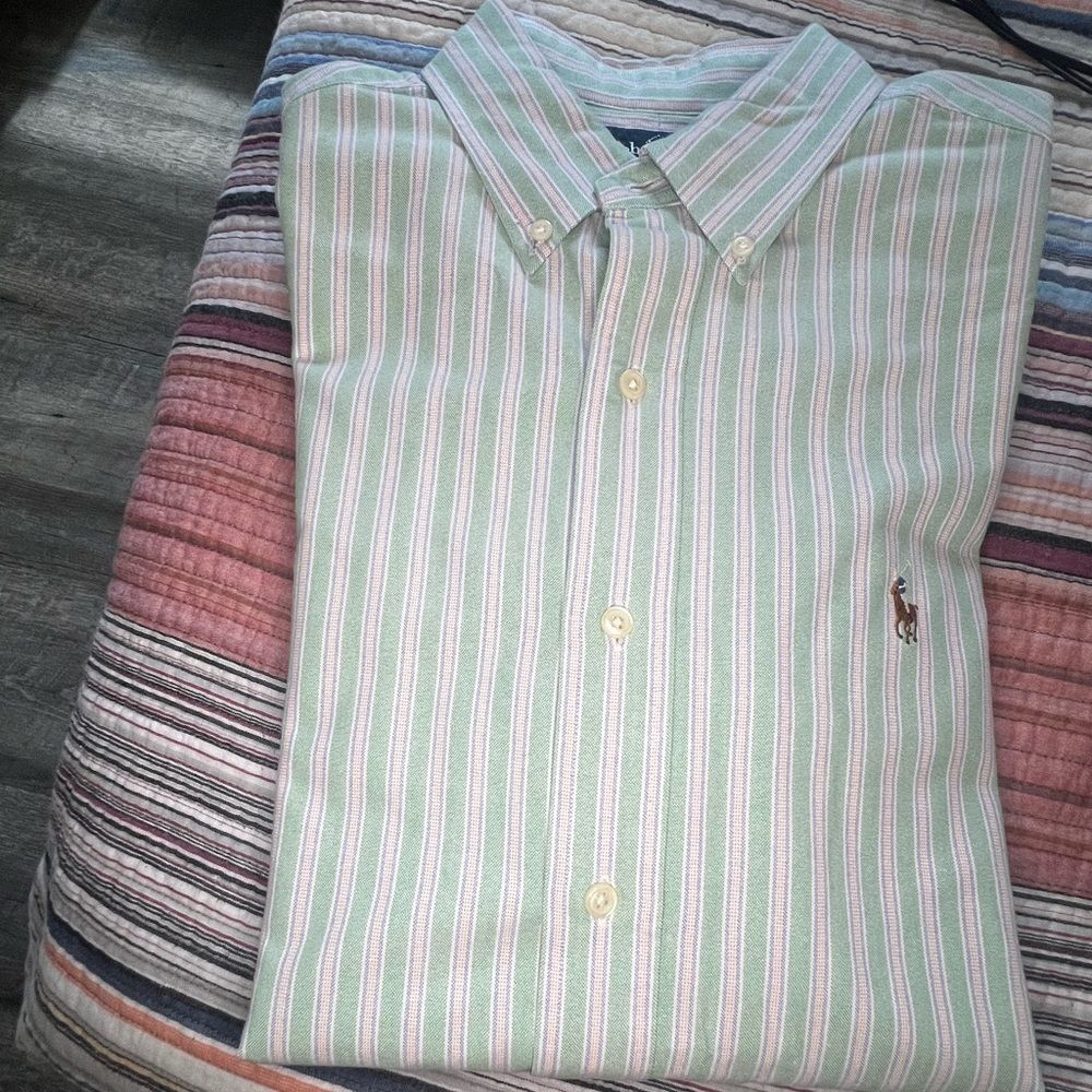 Ralph Lauren Mens Shirt Custom Fit Button Down Long Sleeves Striped Green Medium - Picture 9 of 9
